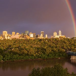 Rainbow over Edmonton. Edmonton, Alberta, Canada.