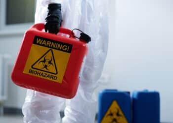 biohazard container being carried by worker