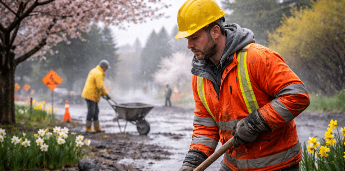 Worker exposed to wet and cold spring conditions on job site
